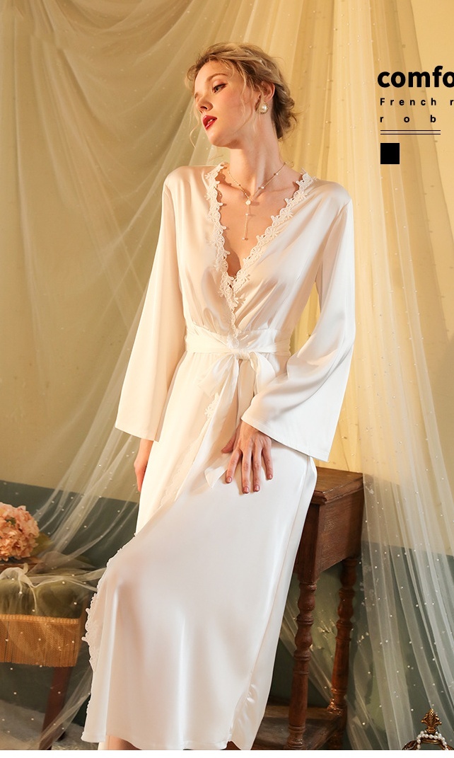 Women Pajamas Long Robe Set Lace Homewear Faux Silk Sleepwear Bathrobe